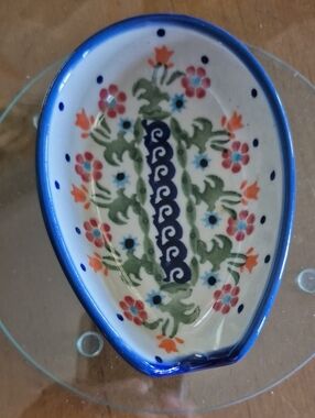 Danish Pottery Unik Blue and Green Floral Ceramic Spoon Rest with Orange Accents
